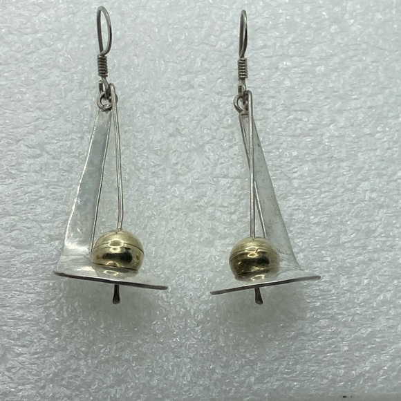 VINTAGE Taxco Sterling Silver Statement Drop Earrings Swirl Ball Suspended Wire - Picture 3 of 7